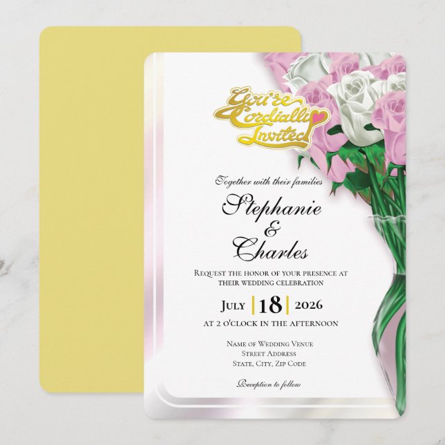 Convite de Casamento Rosa Rosa - Letra Dourada 1 (Frente/Verso)