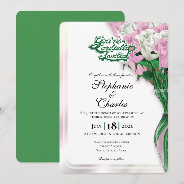 Convite de Casamento Rosa Rosa - Letra Verde 1 (Frente/Verso)