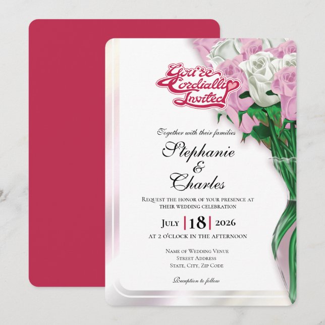 Convite de Casamento Rosa Rosa - Letreiro Vermelho (Frente/Verso)
