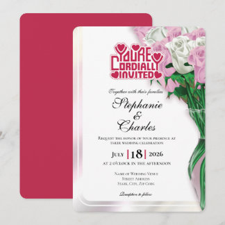 Convite de Casamento Rosa Rosa - Letreiro Vermelho