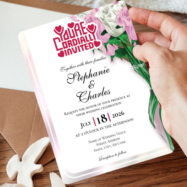Convite de Casamento Rosa Rosa - Letreiro Vermelho (Pink and White roses in vase wedding invite design with red heading)