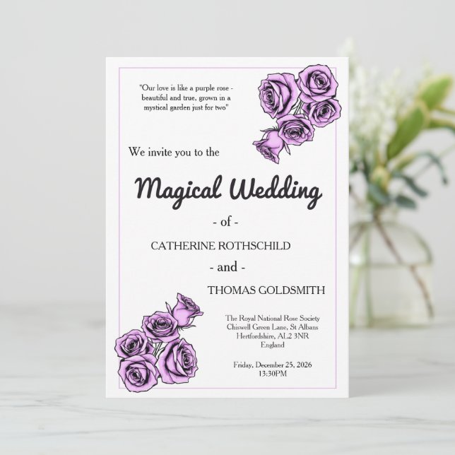 Convite de Casamento Rosa Roxa Mística (Em pé/Frente)
