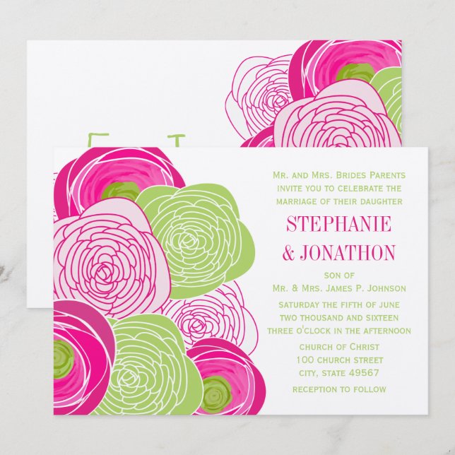 Convite de casamento rosa-russo e Rosa verde (Frente/Verso)