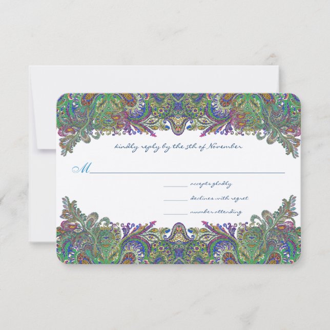 Convite de Casamento Rosa Verde Azul Damasco (Frente)