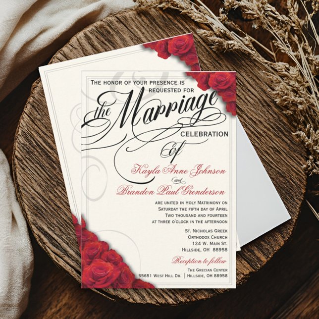 Convite de Casamento Rosa vermelha (Red Roses Classically Beautiful Script Wedding Invitation )
