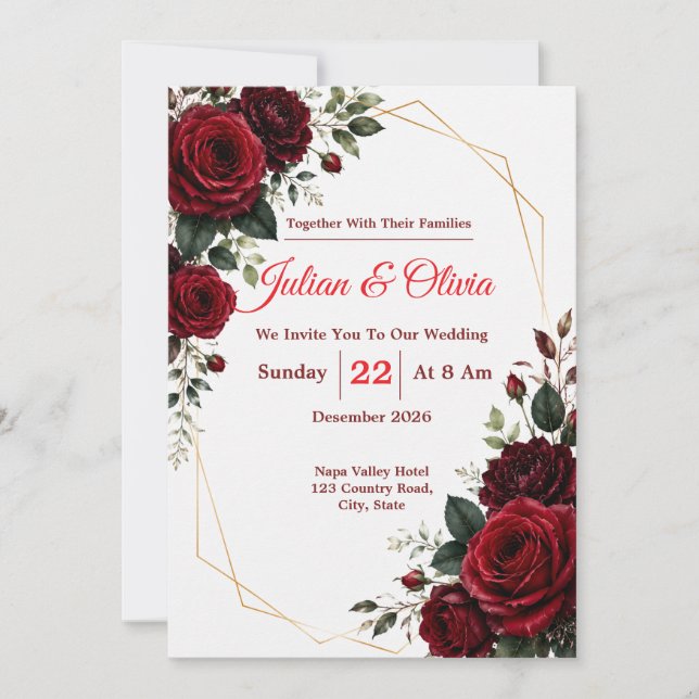 Convite de Casamento Rosa Vermelha Burgundy Luxuos (Frente)