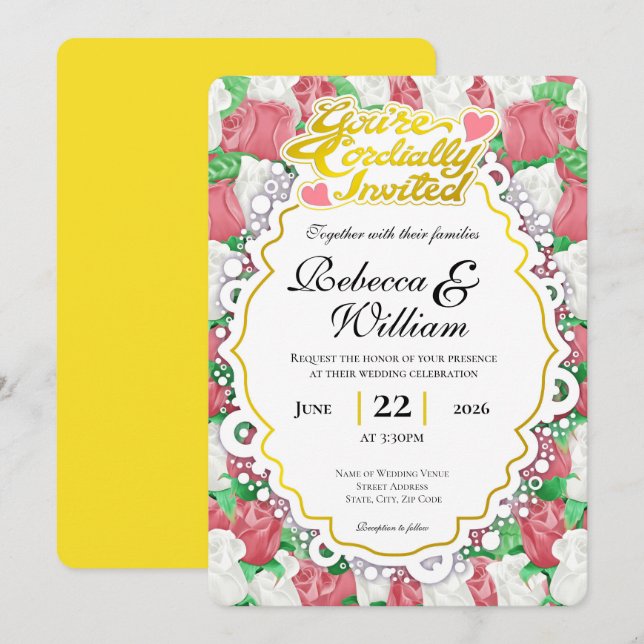 Convite de Casamento Rosa Vermelha e Branca - Letr (Frente/Verso)