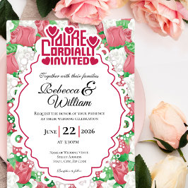Convite de Casamento Rosa Vermelha e Branca - Letr