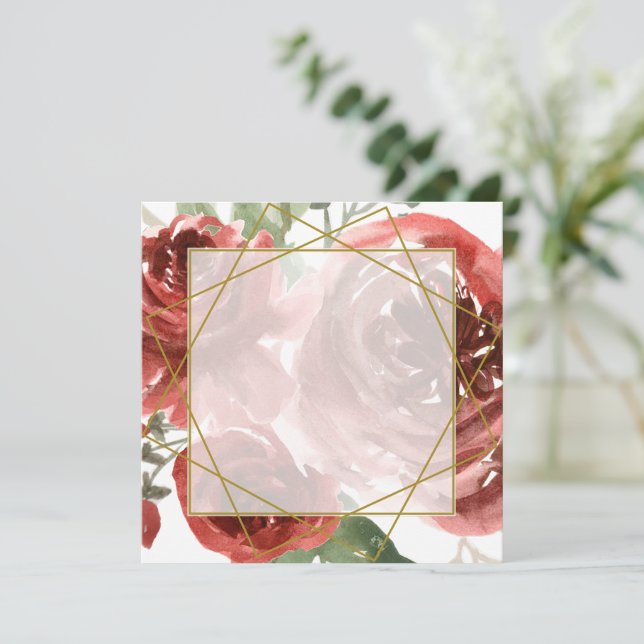 Convite de casamento rosa vermelha e dourado em br (Em pé/Frente)