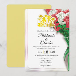 Convite de Casamento Rosa Vermelha - Letra Dourada