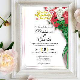 Convite de Casamento Rosa Vermelha - Letras Dourad