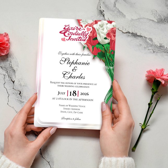 Convite de Casamento Rosa Vermelha - Letras Vermel (Criador carregado)