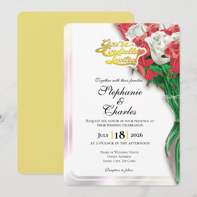 Convite de Casamento Rosa Vermelha - Letreiro Dour (Frente/Verso)