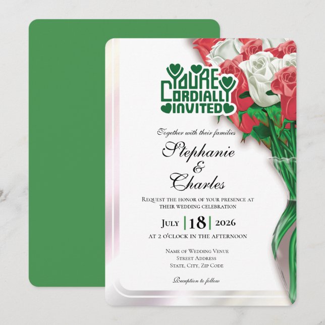 Convite de Casamento Rosa Vermelha - Letreiro Verd (Frente/Verso)