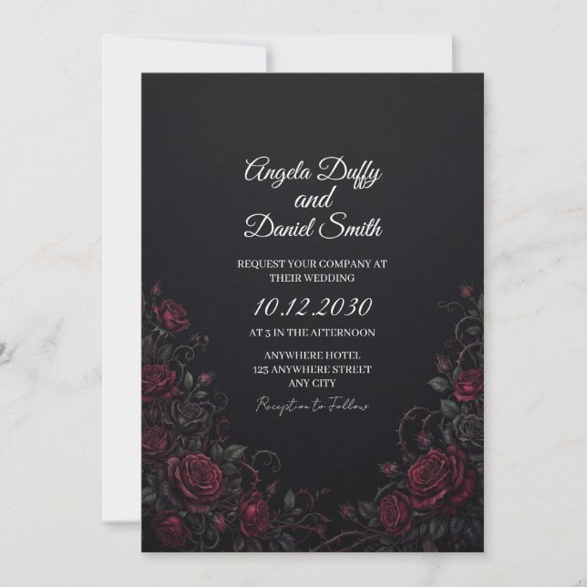 Convite de Casamento Rosa Vermelha Preta (Frente)