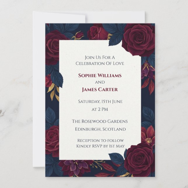Convite de Casamento Rosa Vermelho Escuro (Frente)