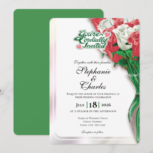 Convite de Casamento Rosa Vermelho - Letras Verdes (Frente/Verso)