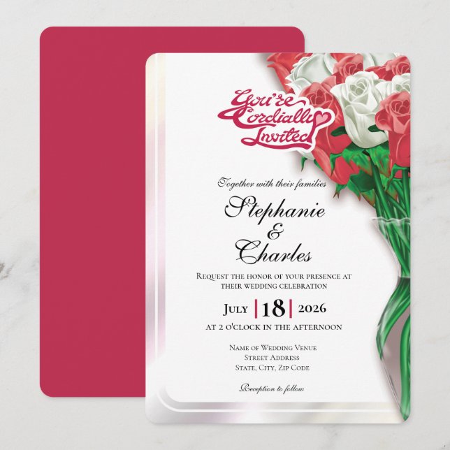 Convite de Casamento Rosa Vermelho - Letreiro Verm (Frente/Verso)