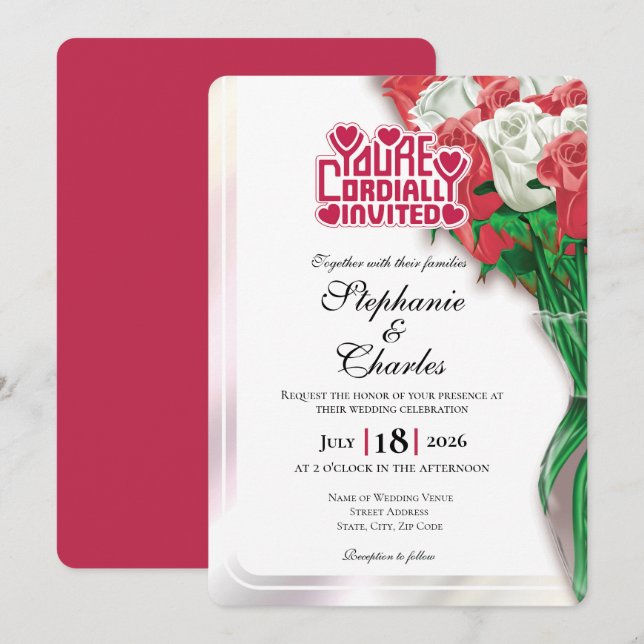 Convite de Casamento Rosa Vermelho - Letreiro Verm (Frente/Verso)