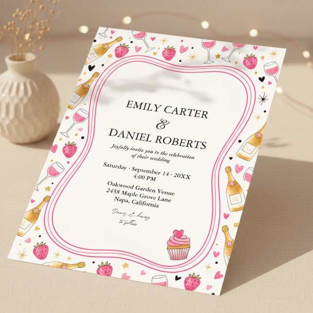 Convite de Casamento Rosa Whimsical Morango (Criador carregado)