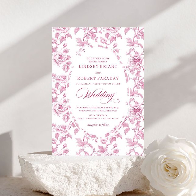 Convite de Casamento Rosas Beije Pink Toile Francê (French Toile Roses Blush Pink Wedding Invitation)