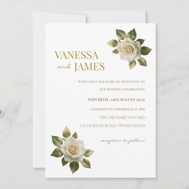 Convite de Casamento Rosas Brancas Folhas Douradas (Frente)