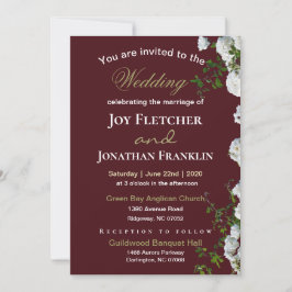 Convite de Casamento Rosas Brancas Fundo Vermelho