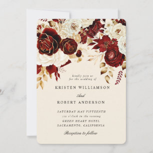 Convite de Casamento Rosas Burgundy Dourado Aquare