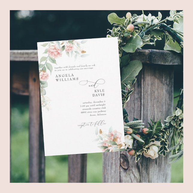 Convite de Casamento Rosas Cor-de-Rosa Eucalipto (Criador carregado)
