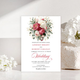 Convite de Casamento Rosas Douradas Brancas Vermel
