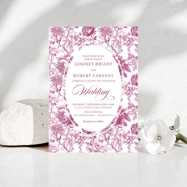 Convite de Casamento Rosas Toile Rosa Romântico (Romantic Blush Pink Toile Roses Wedding Invitation)