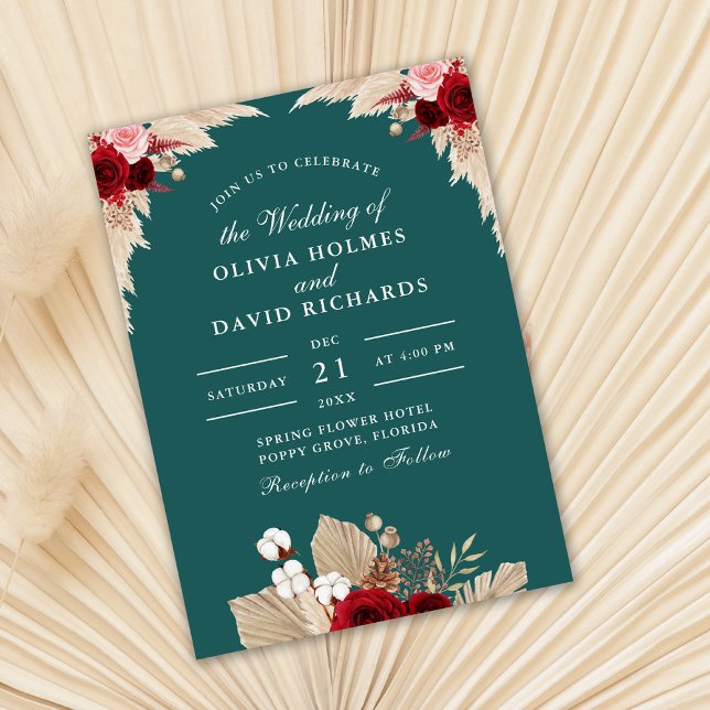 Convite de Casamento Rosas Tropicais Turquesa (Teal and burgundy wedding invitation on dry palm leaf.)