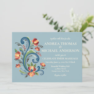 Convite de Casamento Rosemaling Azul e Vermelho