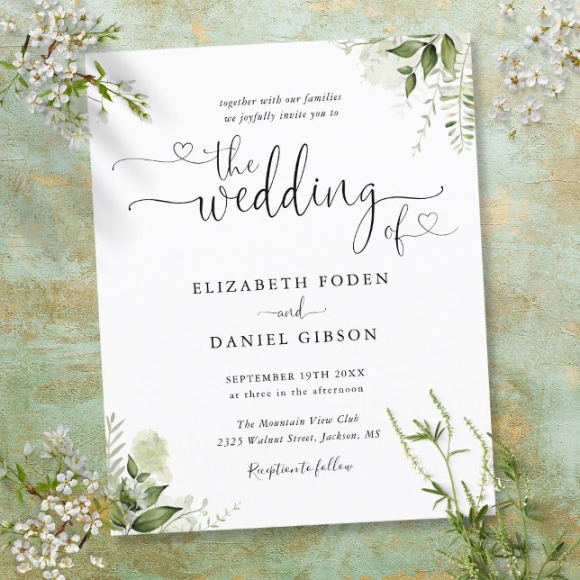 Convite de Casamento Roteiro de Folhas de Verdura  (Budget Greenery Leaves Script Wedding Invitation)