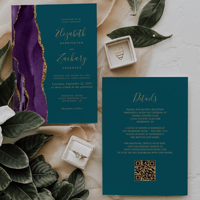 Convite de Casamento Roxo Ágata Teal Código QR (Criador carregado)