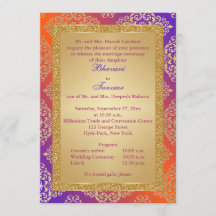Convite de casamento roxo, alaranjado, Dourado do