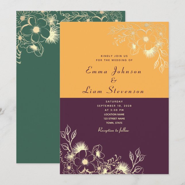 Convite de Casamento Roxo Ameixa (Frente/Verso)