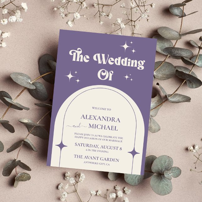 Convite de Casamento Roxo Arco Retro Minimalista (Criador carregado)