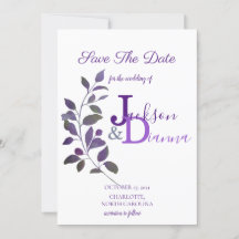 Convite de casamento roxo com design de folhas Sav