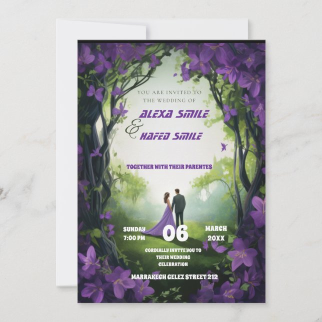 Convite de casamento roxo de flor silvestre, bonit (Frente)