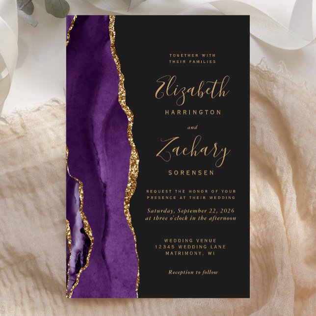 Convite de Casamento Roxo Dourado Ágata Escuro Orç (Criador carregado)