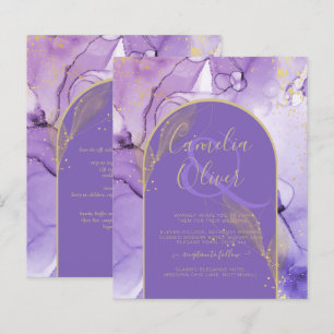 Convite de Casamento Roxo Dourado Lavanda Abstrato