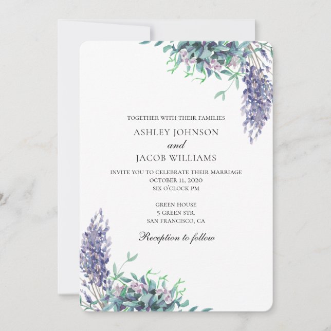 Convite de casamento roxo e azul turquesa. Flores  (Frente)