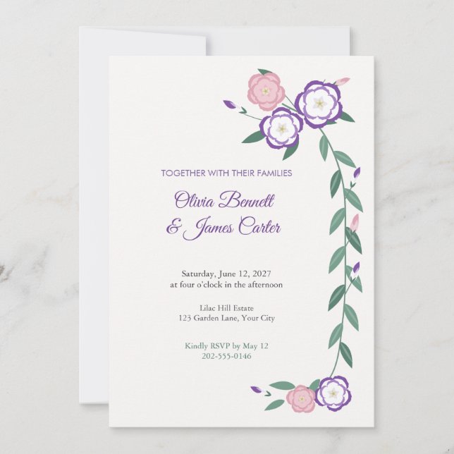 Convite de Casamento Roxo e Branco Lisianthus (Frente)
