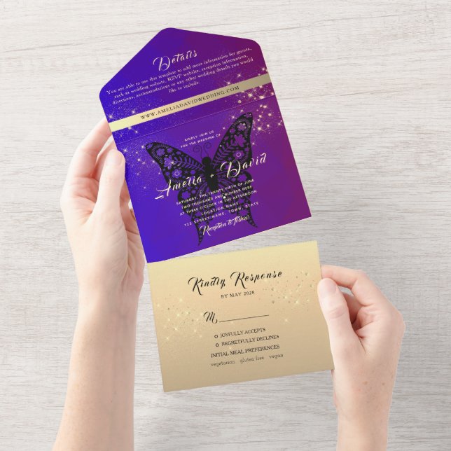Convite de Casamento Roxo Elegante Tudo em Um (Tearaway)