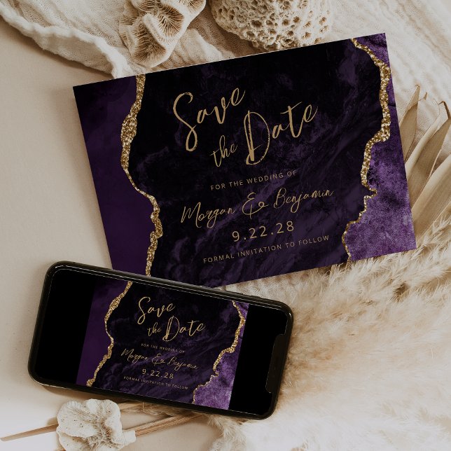 Convite de casamento roxo em ágata com data a salv (Criador carregado)