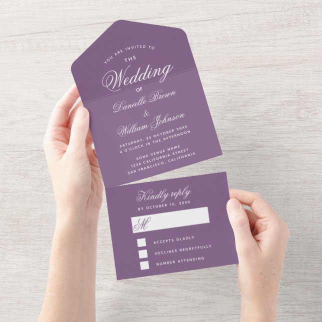 Convite de Casamento Roxo Empoeirado & RSVP Desmon (Aba destacável)