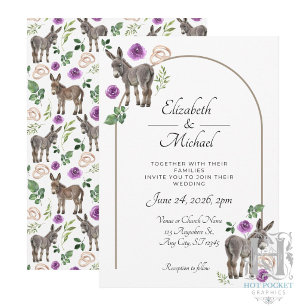 Convite de Casamento Roxo Floral Burro Rústico