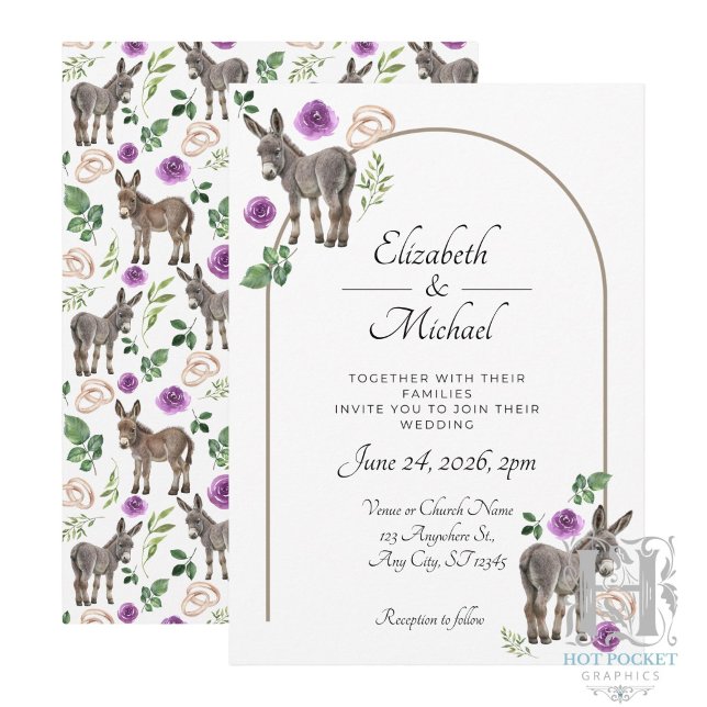 Convite de Casamento Roxo Floral Burro Rústico (Criador carregado)