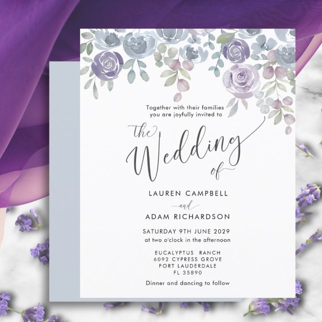 Convite de Casamento Roxo Floral e Eucalipto Econô (Criador carregado)